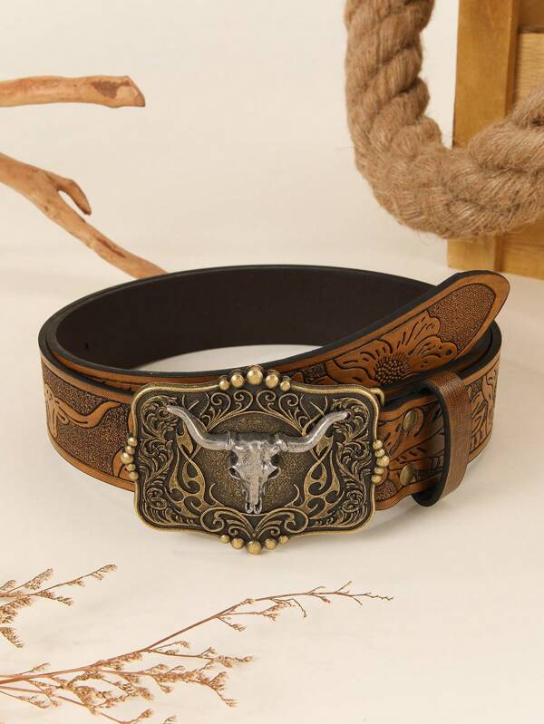 1pc Unisex Retro Western Cowboy Animal Buckle Embossed PU Leather Belt, Fashionable All-Match Suitable For Jeans, Skirts And Year-Round Wear