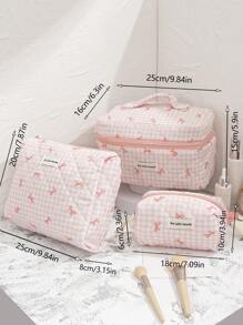 1 Piece Pink Plaid Cosmetic Bag, Bow Pattern, Girly Heart Design, Multifunctional Cosmetic Storage Pouch Portable Cosmetic Brush Clutch Bag With Zipper Closure, Ready For Lipstick