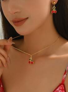 3pcs Set Summer Elegant Metallic Delicate Cherry Necklace & Earrings Jewelry Set, Suitable For Daily Wear Or Gift