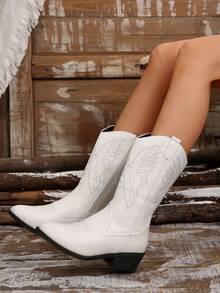 2025 Women's Butterfly Embroidered White Western Boots - Pointed Toe & Chunky High Heel Design, Retro Riding Style Boots For Ladies - White - View 2