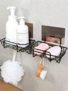 无痕挂钩皂架浴室壁挂镂空香皂盒沥水架厨房用品铁艺置物架家用壁挂创意香皂盒卫生间浴室免打孔皂架沥水壁挂双联皂盒 - 彩色 - 查看 2