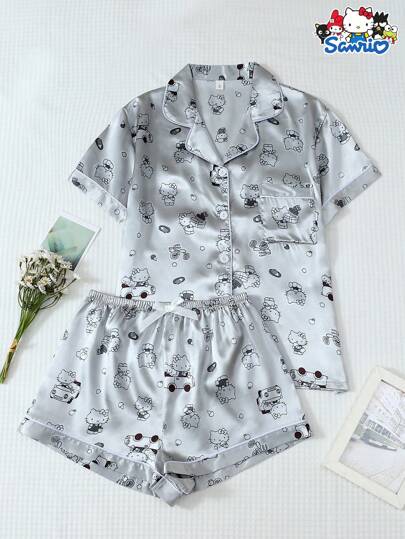 Sanrio Set de 2 piezas de blusa de manga corta con cuello polo y bolsillo con estampado autorizado y shorts con lazo para pijama de uso doméstico, para primavera/verano