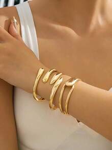 Set de 3/1 brazaletes modernos minimalistas de metal geométricos huecos de color dorado - Amarillo Oro - Ver 18