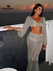 Sexy Metallic Gold Tank Top Long Skirt Knit 2 Pieces Wrap Hip Long Skirt Knit 2 Pieces Set Vacation Club Party Girl Clothing