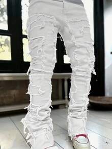 Men's Regular Fit Stacked Jeans Ripped Skinny Distressed Destroyed Straight Denim Pants Streetwear - trắng - Xem 6