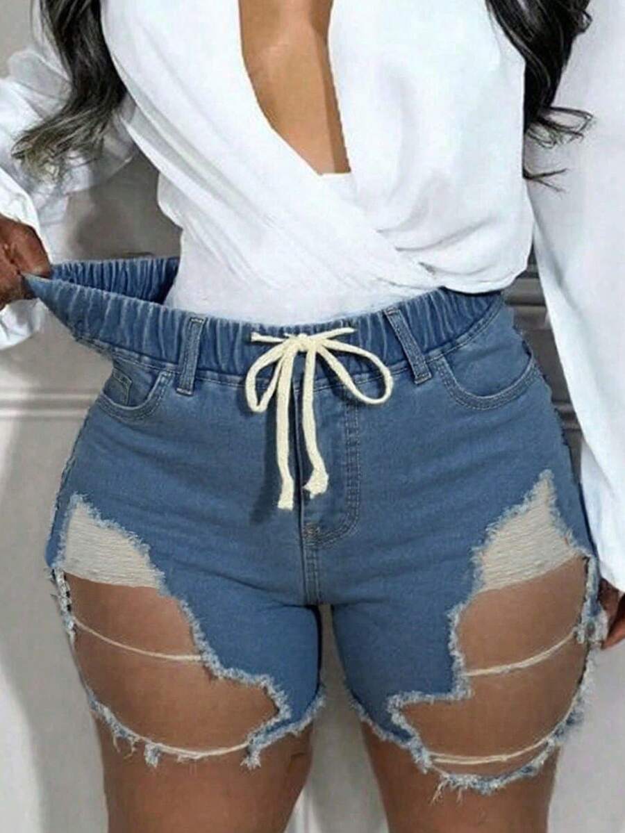 Women Streetwear Sexy Drawstring Elastic Waist Distressed Ripped Stretch Fitted Denim Shorts - Light Wash - View 1