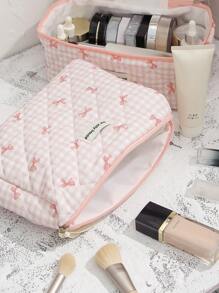 1 Piece Pink Plaid Cosmetic Bag, Bow Pattern, Girly Heart Design, Multifunctional Cosmetic Storage Pouch Portable Cosmetic Brush Clutch Bag With Zipper Closure, Ready For Lipstick