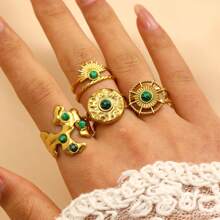Multi-Piece Set Of Elegant 18K Gold Plated Stainless Steel Faux Gemstone Rings For Women, Fashion Jewelry Accessories, Luxury Party Wear, Vintage Middle Eastern Dubai Jewelry, Adjustable Rings
