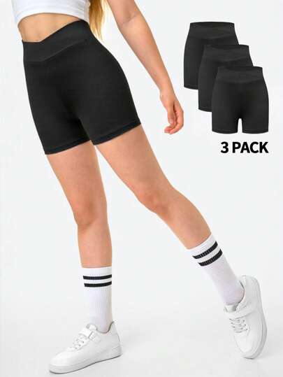 3 PiecesGirls' Solid Color Knitted Casual Sports Shorts