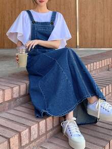Women's Casual Pocket Maxi Length Denim Pinafore Dress