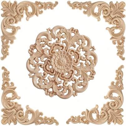 5pcs Unfinished Wooden Decorative Moulding Appliques, Hand-Carved Furniture Trim Decor Stickers Suitable For Bed/Door/Cabinet/Wardrobe, DIY Paintable Decorative Moulding Carving Accessories