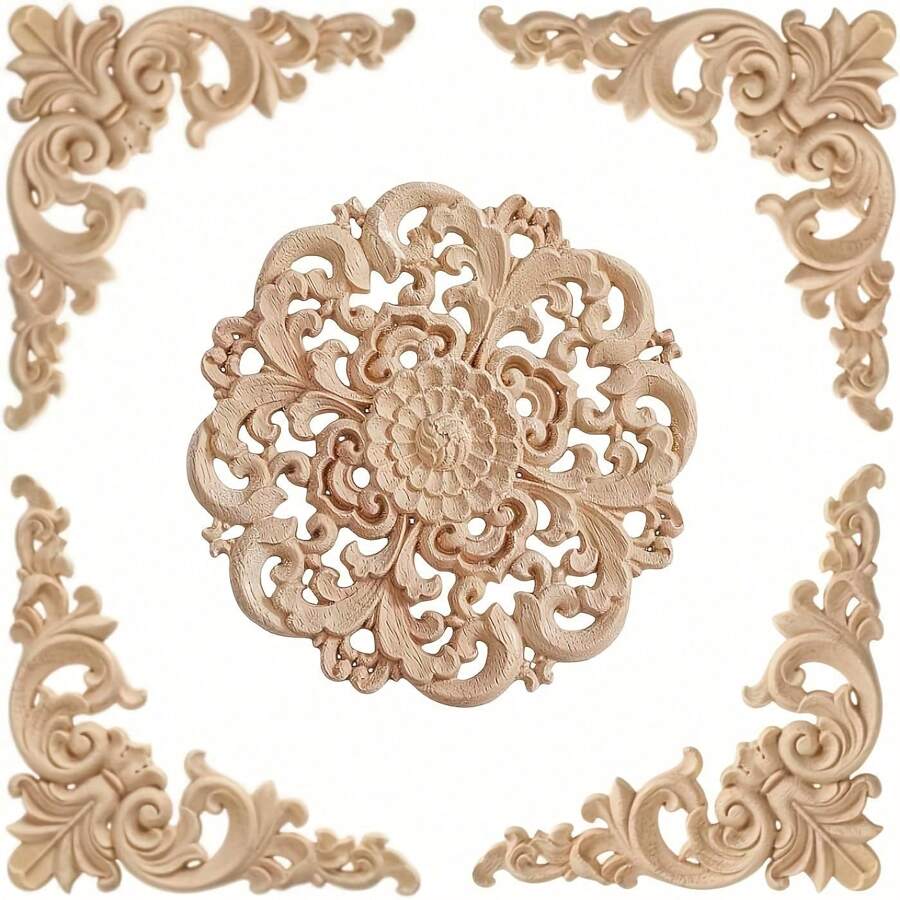 5 件未完成的木制装饰线条贴花，手工雕刻家具装饰贴纸适用于床/门/橱柜/衣柜，DIY 可涂漆装饰线条雕刻配件 - 5件 - 查看 1