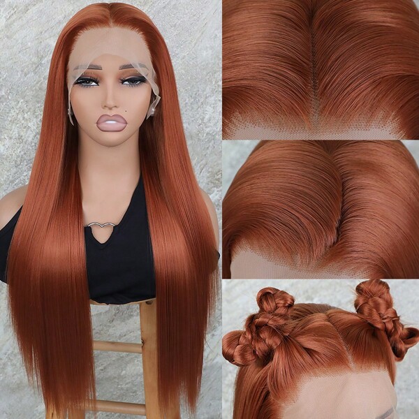 Ginger Orange Color Lace Front Wigs Synthetic 13x4 Long Silky Straight Hair Heat Resistant Fiber Glueless Frontal Lace Replacement Wig Pre Plucked With Baby Hair Natural Hairline 26 Inches HD Transparent Lace Free Part For Fashion Women Girls Party Vacation Makeup Use Daily Wear