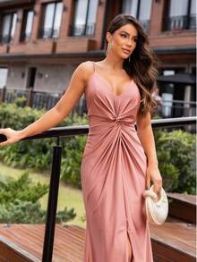 Long V-Neck Bridesmaid Dress, Elegant Prom Sexy Party Side Slit Twisted - Màu hồng gỉ - Xem 4