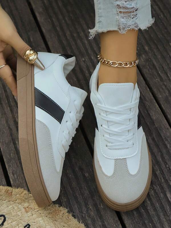 Damen neue Schnür-Farbblock Element Lässig Sneaker, modern, modisch, elegant, vielseitig einsetzbar für Outdoor, Straße, Campus als sportliche Schuhe