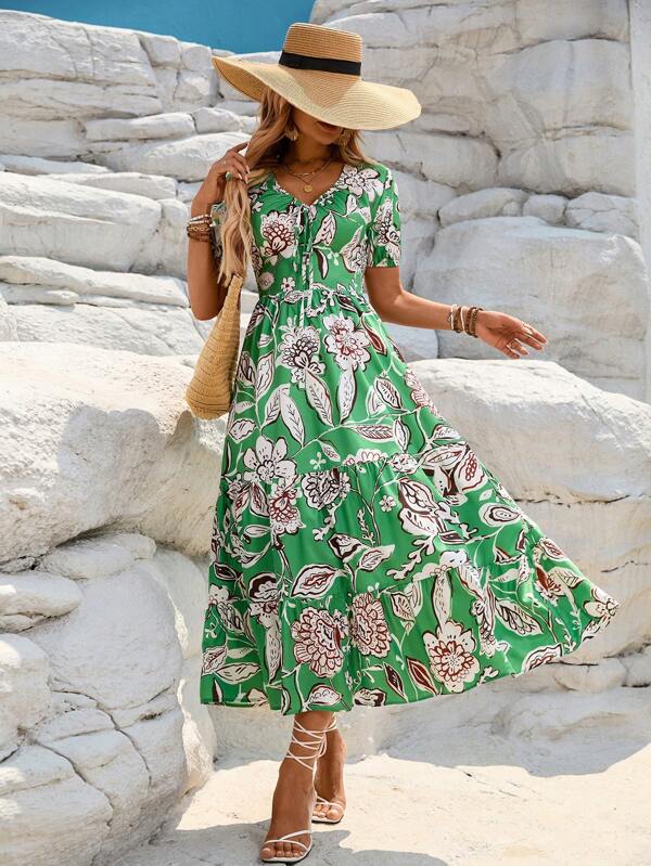 Floral Print V-Neck Long Dress