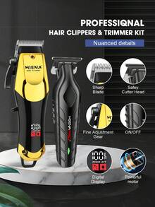 HIENA 2 piezas Juego de cortadora de pelo eléctrica inalámbrica, Recortadora de pelo inalámbrica LED, Afeitadora y arregladora para hombres, Operación suave, Asistente de arreglo personal en casa, Batería de litio de 600mAh, Tiempo de espera prolongado - oro negro - Ver 2