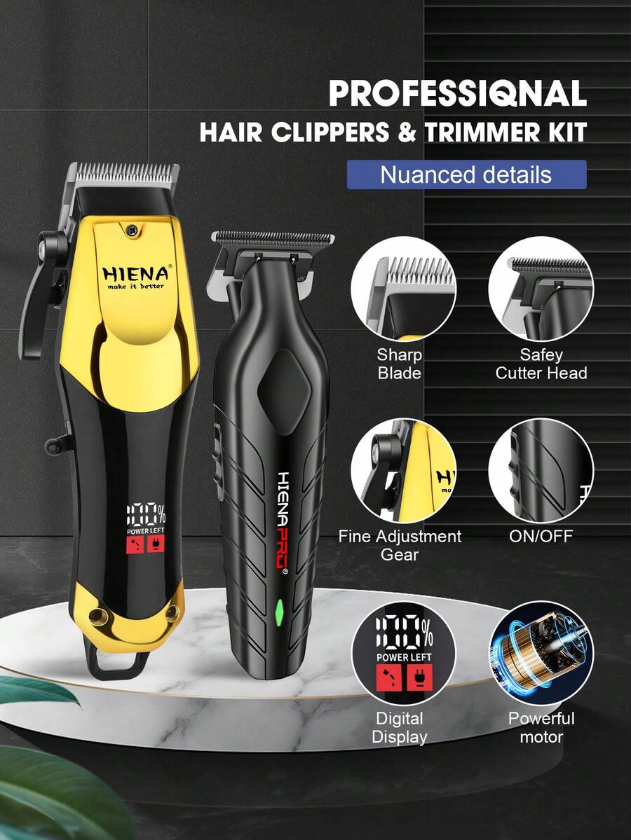 HIENA 2 piezas Juego de cortadora de pelo eléctrica inalámbrica, Recortadora de pelo inalámbrica LED, Afeitadora y arregladora para hombres, Operación suave, Asistente de arreglo personal en casa, Batería de litio de 600mAh, Tiempo de espera prolongado
