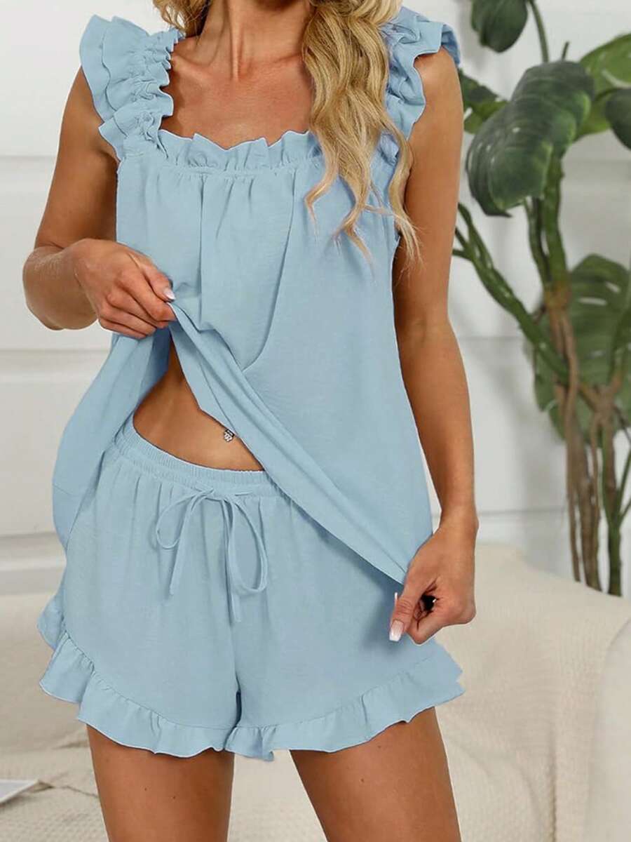 Women's Summer Lounge Set Ruffle Shoulder Strap Tank Tops Drawstring Shorts Sleepwear Sets - Blue - View 1