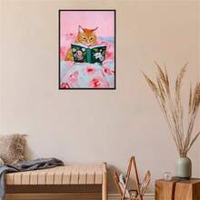 1 件可选框架海报墙艺术动物搞笑虎斑猫阅读书籍艺术海报复古可爱动物墙壁帆布画书迷宠物礼物装饰图片印刷，墙壁艺术带框架 - 彩色 - 查看 15