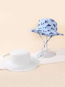 2pcs Kids White & Shark Print Summer Beach Sun Hat With Chin Strap, Sun Ion - White + Shark - View 2