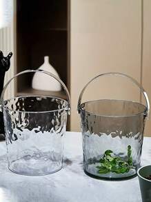 1 pieza Balde de hielo transparente con asa, balde de hielo transparente con textura de onda y asa con diseño de gato negro - plástico grueso y duradero, ideal para el hogar, exteriores, bar, fiestas y festivales - selección de color al azar