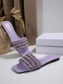 Women's Summer 2025 New French Style Pearl Rhinestone Decorated Flat Sandals, Open Toe, Large Size 42-43, Lightweight Luxury Beach Holiday Slippers - Purple - View 5