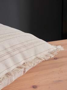1pc Striped Farmhouse Throw Pillow Case With Tassels, Decorative Square Cushion Cover For Sofa, Bedroom, Living Room, Boho Style - Khaki - View 4