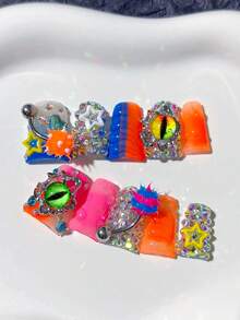 10pcs Y2K Platypus Handmade Nail Stickers, Rhinestone Decor, Evil Eye Pattern, Exaggerated Jewelry Design, Gradient Fusion, DIY Nail Stickers, Acrylic False Nails; Suitable For Holidays, Parties, Daily Wear; Includes 1pc Jelly Gel And 1pc Mini Nail File. Nail Supplies - Multicolor - View 2