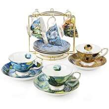 Van Gogh Bone China Set of 6 Cups and Saucers With Rack Coffee Cup and Saucer Set With Gift Box 8Ounce Art Coffee Mugs Set - Blanco - Ver 4