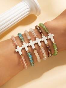 6pcs Turquoise Cross & Colorful Crystal Elastic Bracelets Set, Fashionable Multi-Pack Suitable For Women Daily Wear, Great Gift