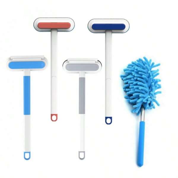 3-In-1 Reusable Window Screen Brush, Glass Scraper, Squeegee Combo Cleaning Tool Set: Window Screen Brush, Squeegee, Crevice Brush, Extendable Duster