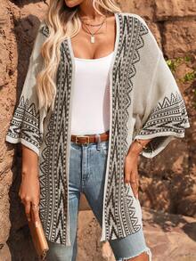 Plus Size Patchwork Color Block Bell Sleeve Cardigan - Black - View 5