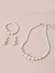 Juego de 4 piezas con collar, brazalete y aretes con cuentas de perlas falsas, collar elegante con cuentas, accesorio elegante, regalo de fiesta de vacaciones gracioso para niñas