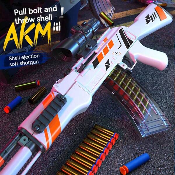 Rifle de asalto de juguete AKM modelo 2025 - Pistola de juguete para niños - Tamaño talla grande largo y grande actualizado - Pistola de balas suaves - Eyección simulada de cartuchos - Mecanismo de accionamiento - Disparo automático - Regalo de cumpleaños - Regalo de Halloween - Regalo de Navidad - Regalo - Juguete - Pistola de juguete