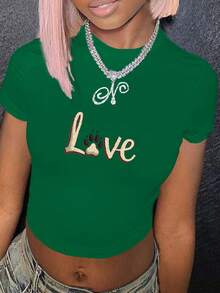 Love With Paw Print Design Women's Fashion Short T-Shirt - Green - View 1