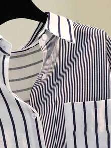 Women's Casual Simple Commuter Striped Patchwork Buttoned Shirt Spring, Summer, Autumn, Winter Top - Black and White - View 4