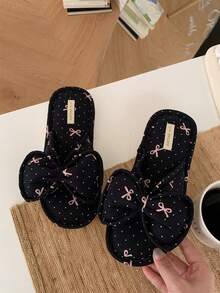 XIXITIAO 1 par de cómodas pantuflas de lino con lazo y lunares, pantuflas planas casuales para parejas, transpirables para todo el año, zapatos de piso de lino adecuados para el hogar, pantuflas planas clásicas de color block para mujer, baño - Lazo negro con lunares pequeños - Ver 3