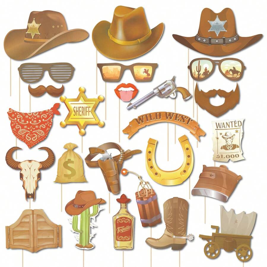 25 件牛仔派对用品，狂野西部主题男士摄影道具 - 彩色 - 查看 1