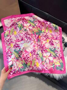 1pc Elegant Floral Print 70cm Satin-Like Square Scarf, Versatile Fashion Women Bandana, Decorative Neck Tie, Headband, Suitable For Daily Wear For Dress - Pink - View 2