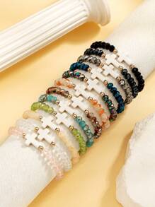 6pcs Turquoise Cross & Colorful Crystal Elastic Bracelets Set, Fashionable Multi-Pack Suitable For Women Daily Wear, Great Gift