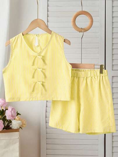 2 piezas Conjunto de top casual elegante para niña preadolescente, top sin mangas con hebilla en forma de gota de agua + shorts deportivos, tela cómoda y suave, adecuado para festivales como primavera, verano, otoño, invierno, etc., adecuado como regalo al aire libre para hijas