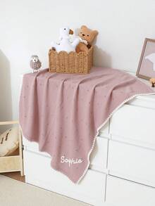 1pc Customizable Handmade Embroidered Name Kids Knitted Blanket With Delicate Wavy Trim, Suitable For All Seasons - Pink - View 4