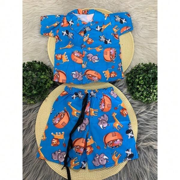 Conjunto Mauricinho Arca de Noé - Roupa de Menino Camisa e Shorts.