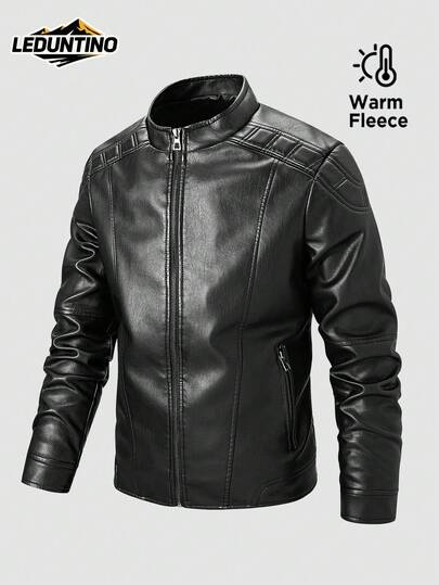 LEDUNTINO Men Fashion Zip Up Casual Outdoor Fleece Biker Leather Jacket, Sports, Solid, Bomber, Boyfriend Gift, Men's Winter Fall Stand Collar, Motorcycle, Windproof, Windbreaker Thick Leather Jacket Spring Autumn Coat Men