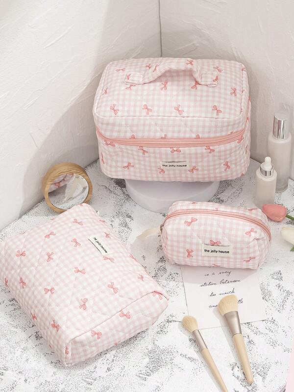 1 Piece Pink Plaid Cosmetic Bag, Bow Pattern, Girly Heart Design, Multifunctional Cosmetic Storage Pouch Portable Cosmetic Brush Clutch Bag With Zipper Closure, Ready For Lipstick