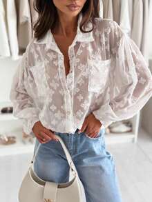 Floral Print Button Front Sheer Pocket Long Sleeve Blouse - White - View 1