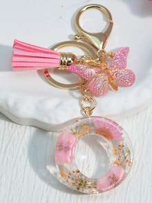 1 szt. Damski brelok z inicjałem i suszonym kwiatem, uroczy mini breloczek z stokrotką, ozdoba torby/plecaka, frędzel w kształcie motyla, akcesoria szkolne, akcesoria samochodowe, gotyckie smycze do torebek Y2k z uchwytem na identyfikator, zawieszki do torebek samochodowych - Słodki róż - Zobacz 17