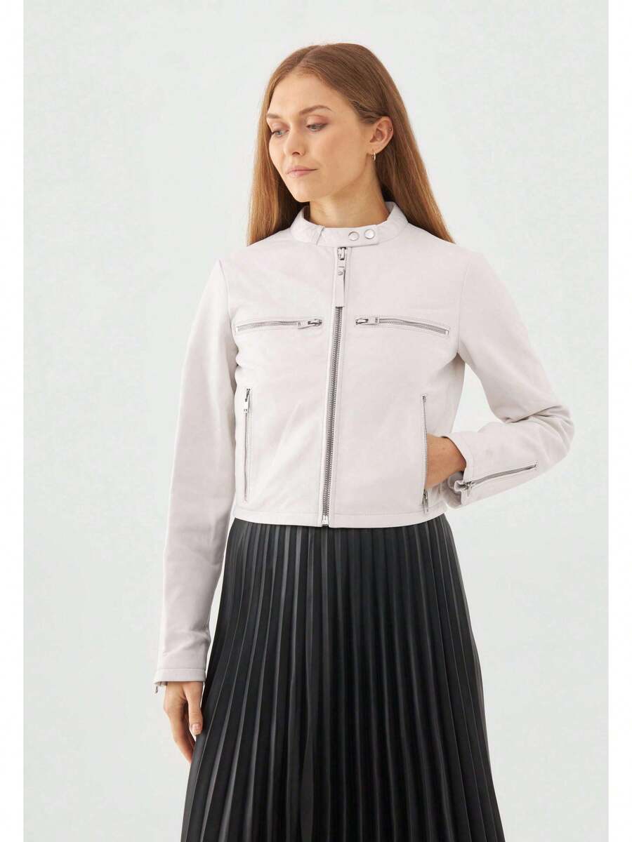 Bolongaro Trevor Real Leather Motto Racer Jacket - White - View 1