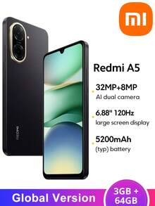 Xiaomi Redmi A5 Smartphone Global Version 3GB+64GB UNISOC T7250 Processor 6.88" Large Screen 120Hz Display 32MP Main Camera 8MP Front Camera 5200mAh Battery (Typ) Supports 15W Fast Charging,Christmas Gifts For Children And Parents